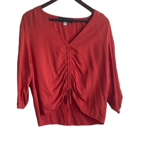 Blue Rain Tops - Blue Rain Women‎ Top L Orange Tencel 3/4 Ruched Tie Front and Sleeve Boho Indie